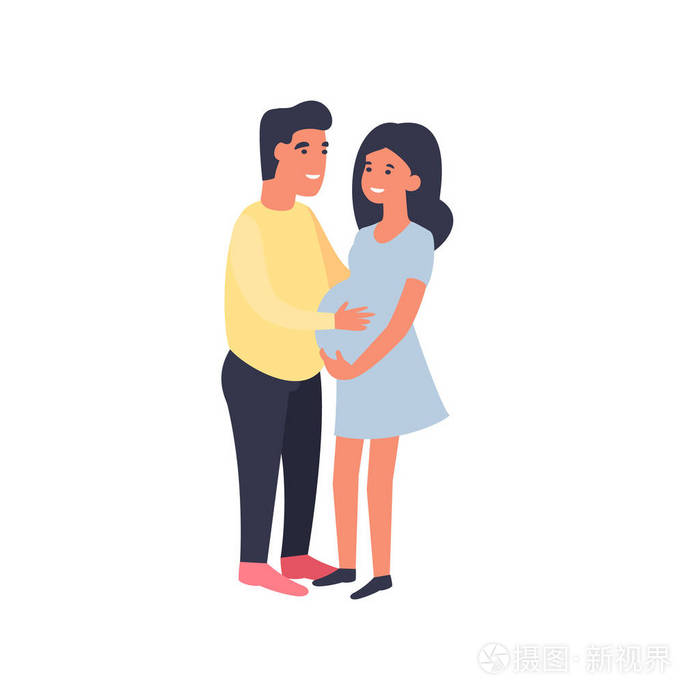 幸福的一对.男人拥抱孕妇,抚摸她的腹部.怀孕和做母亲.