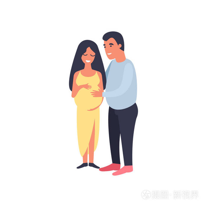 幸福的一对男人拥抱孕妇抚摸她的腹部怀孕和做母亲可爱的平面卡通人物