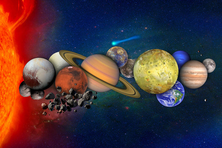 在外太空与太阳拼贴行星和卫星.这张图片的元素由美国宇航局提供.照片