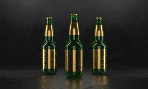 湿啤酒瓶有金色标签和水滴模型.酒类广告图片横幅.3d渲染.照片