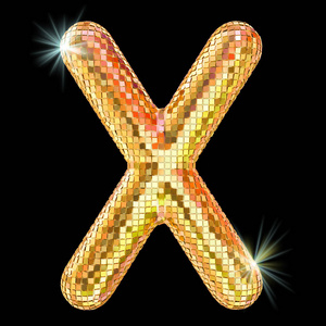 闪闪发光的大字母迪斯科字体,字母x来自金色闪光镜面.三维渲染照片