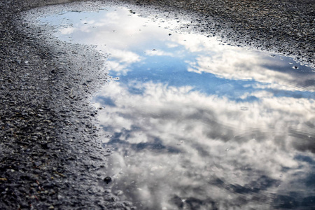 清晨多云的天空映在一滩水里照片
