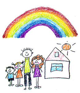 彩虹儿童绘画有孩子的幸福家庭.父母带着孩子.有父母的兄弟姐妹.