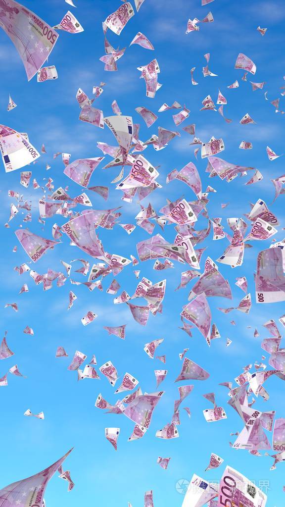 天空背景下飞扬的欧元钞票钱在天上飞500欧元的颜色三维插图