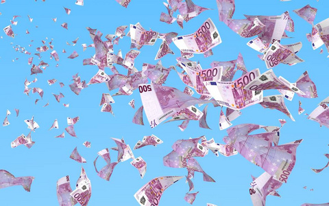 天空背景下飞扬的欧元钞票.钱在天上飞.500欧元的颜色.三维插图照片