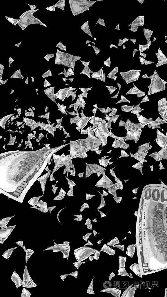 黑色背景下孤立的飞扬美元钞票钱在天上飞100张美国钞