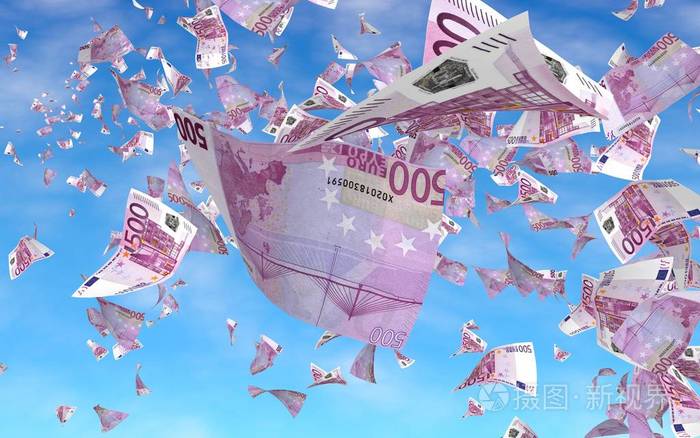 天空背景下飞扬的欧元钞票钱在天上飞500欧元的颜色三维插图