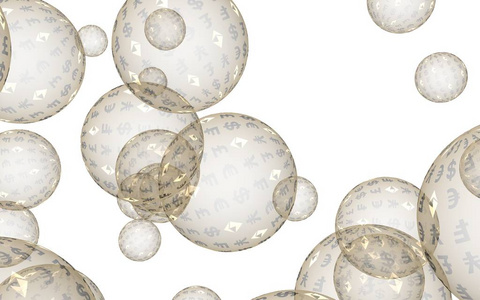 以太坊经济金融泡沫.加密货币3d插图.商业理念.白底金色泡泡照片