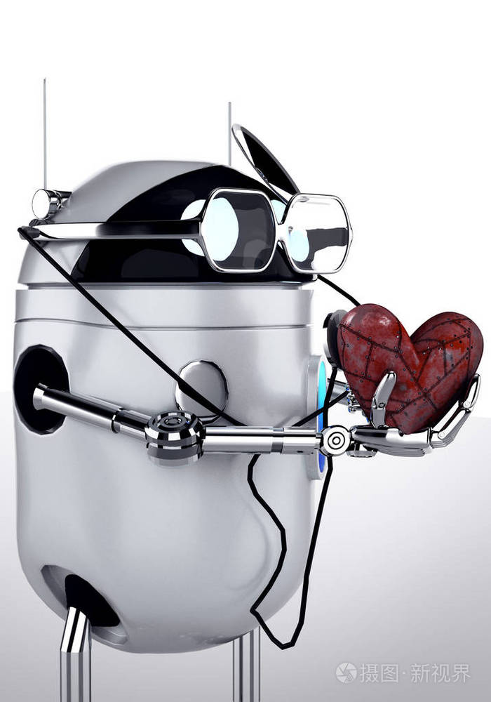 机器人医疗与听诊器金属心脏三维渲染