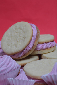 熟的棉花糖三明治.他们躺在盘子里.下一个盘子是各种大小的棉花糖.