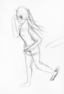 黑色铅笔手绘奔跑女孩素描图片