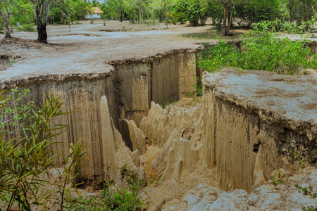 风景优美的水流穿过地面,将土壤侵蚀和崩塌成自然层照片