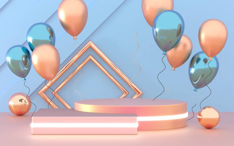 3d粉色背景气球.带led灯的圆形舞台领奖台,颁奖典礼背景.照片