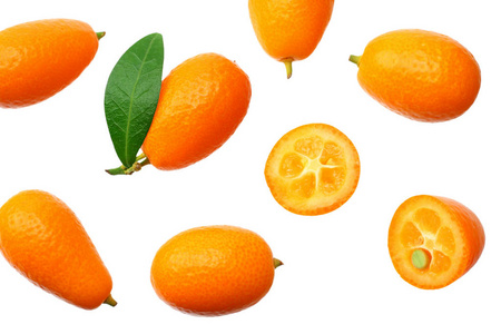 cumquat or kumquat with leaves isolated on white background.