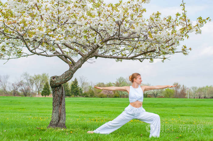 Woman is practicing yoga, doing Virabhadrasana exercise, standin