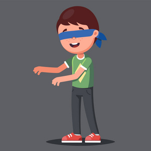 the boy with his eyes blindfolded stretched out his arms and was