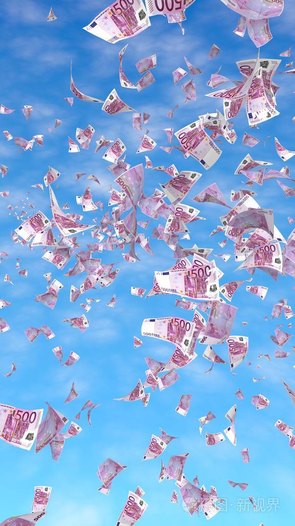 天空背景下飞扬的欧元钞票钱在天上飞500欧元的颜色三维插图