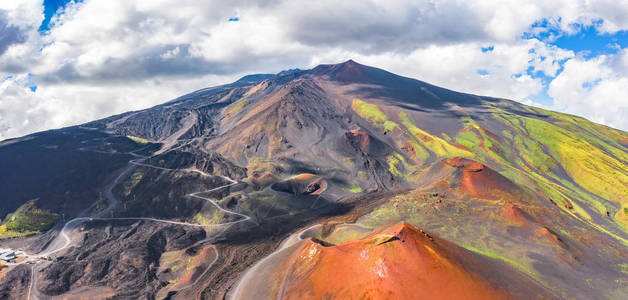 埃特纳活火山全景,山坡上的死火山口,火山活动的痕迹.照片
