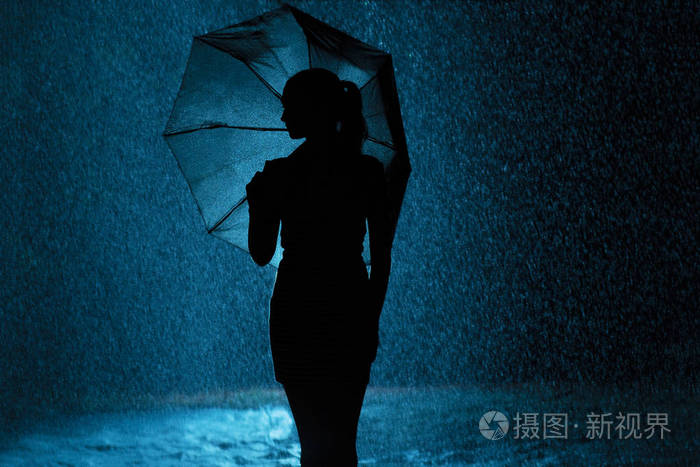 雨中撑伞,一位年轻女子高兴地滴水,概念天气和心情照片-正版商用图片2