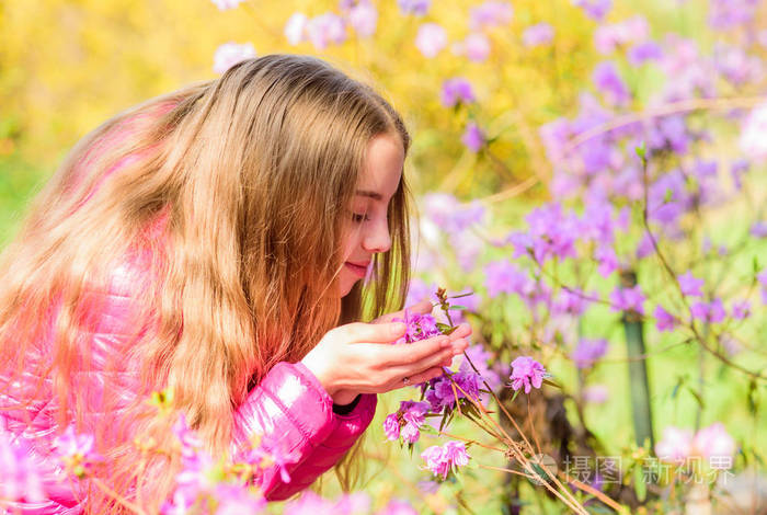 自然美.童年的幸福.夏季自然.樱花.小女孩闻到了盛开的花香.春节假期.