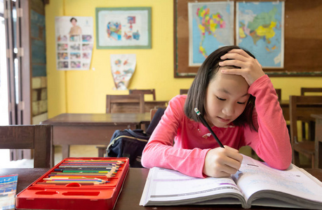 亚洲小女生在课堂上用思想,思考和冥想做作业,学生学习的画像拿着铅笔