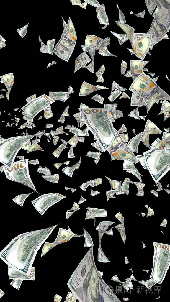 黑色背景下孤立的飞扬美元钞票钱在天上飞100张美国钞票新样品三维