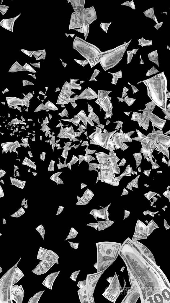 黑色背景下孤立的飞扬美元钞票钱在天上飞100张美国钞票新样品黑白