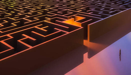 穿着西装的男人站在一个长方形迷宫入口前.空中.