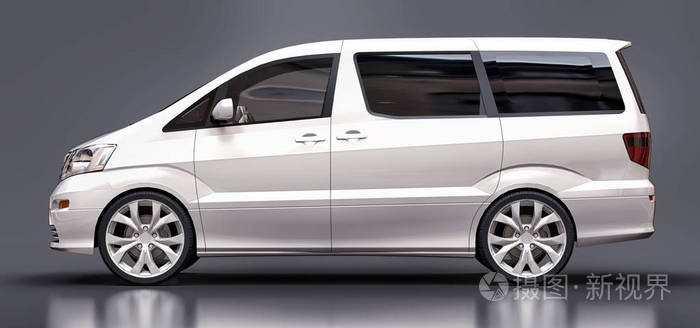 白色小型载客车光滑灰色背景上的三维插图3d渲染