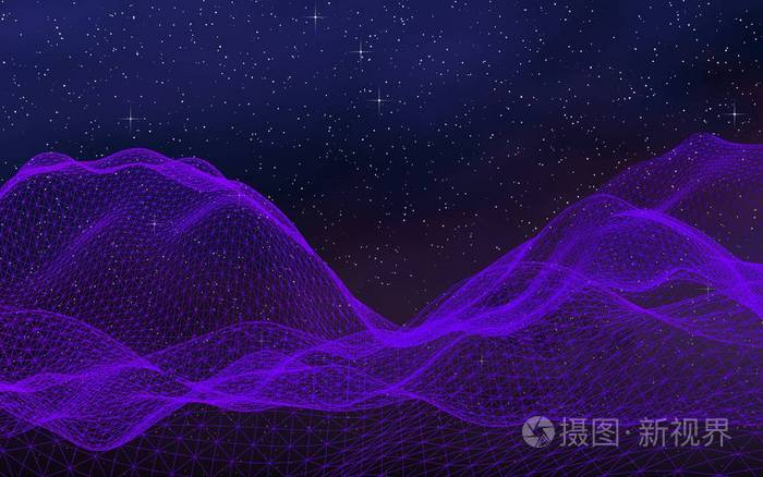 黑暗背景下的抽象紫外线景观。紫色网络空间网格。高科技网络。外层空间。紫罗兰色星光外层空间结构。三维插图