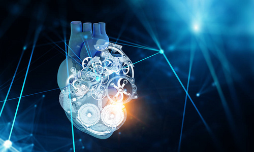 解剖心脏由钢制齿轮和机械部件制成照片