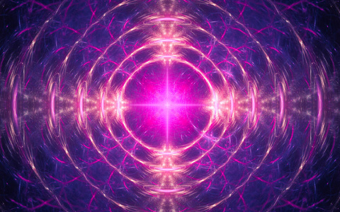 形式,发光的粉红色同心环,明亮的中间有一个紫色的星星和能量流动照片