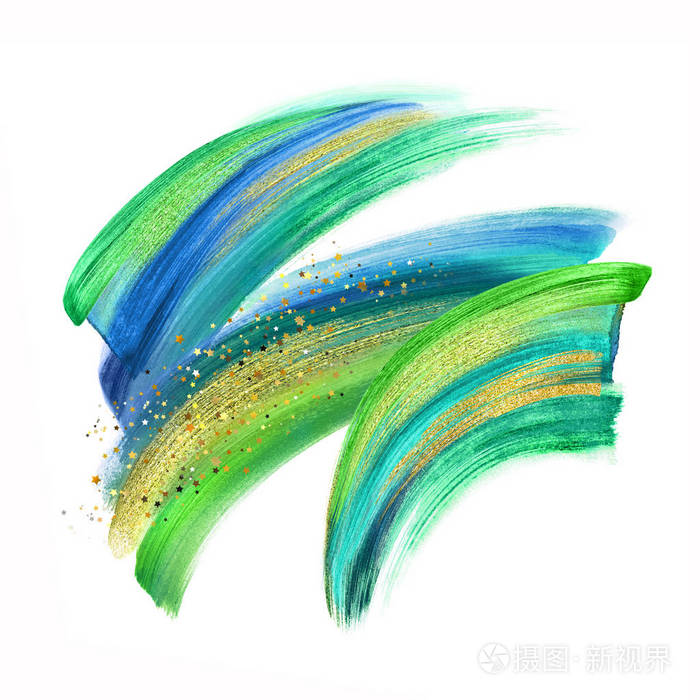 绿蓝金色颜料,白色背景上隔离的霓虹笔触,颜料涂抹,彩色剪贴画,艺术