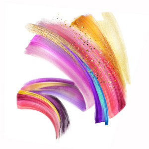 彩色霓虹笔笔触剪贴画孤立在白色背景上,动态水彩画涂抹,多色霓虹颜料