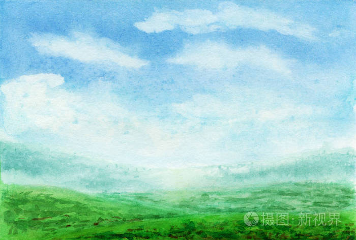 夏季水彩风景 春天的水彩风景与山 蓝天 云彩 绿地和草地 手绘自然欧洲背景 画乡村插画照片 正版商用图片2jvn4e 摄图新视界 夏季水彩风景 春天的水彩风景与山 蓝天 云彩 绿地和草地 手绘自然欧洲背景 画乡村插画照片 正版商用图片2jvn4e 摄图新视界