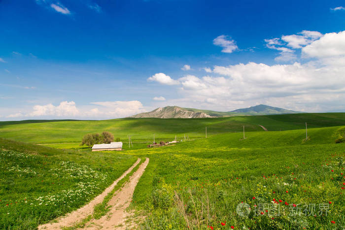 春夏美景.青山绿水中的山间乡间小路.青山绿水,山高水秀.鲜绿色的草.