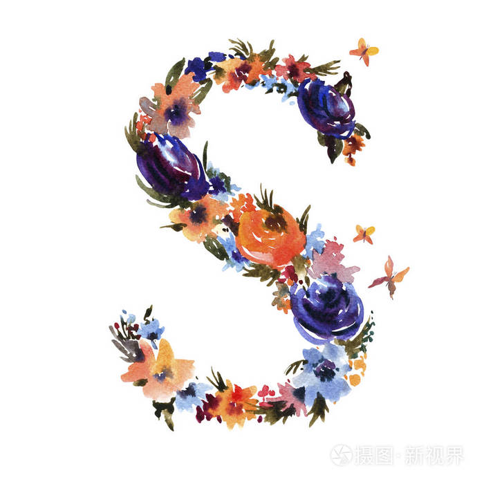 花卉水彩画字母s制成的花孤立的夏季利特