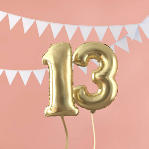 13岁生日快乐派对庆祝金气球和彩旗.三维渲染照片