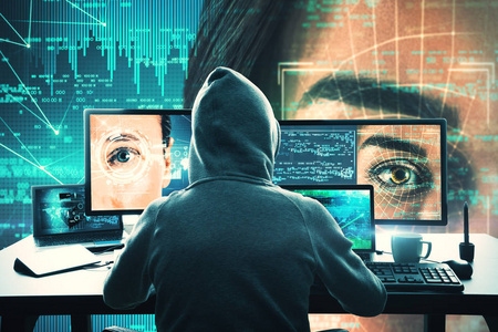 黑客攻击和访问概念人脸识别掌上存取扫描技术学院年轻的商人扫描指纹