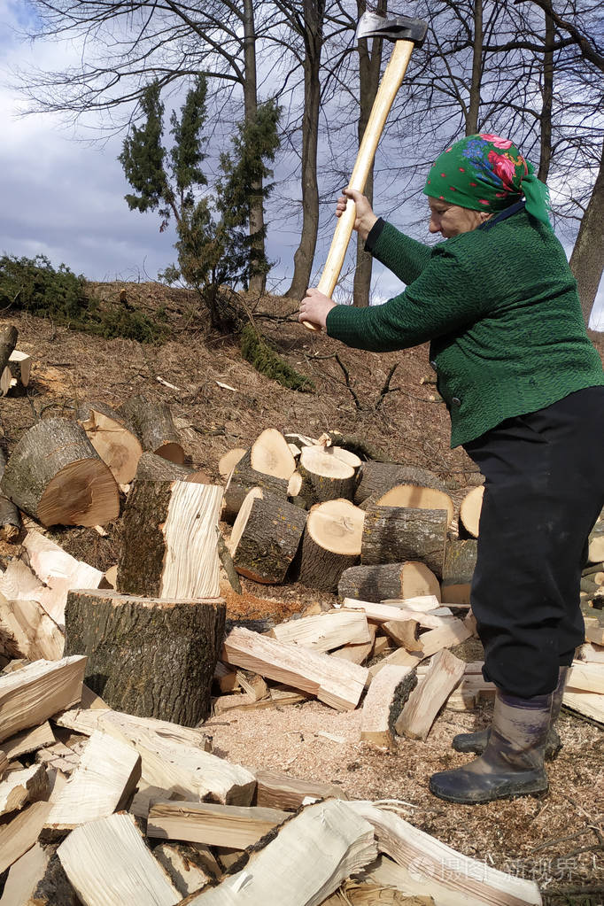 一位老妇人用斧头劈柴他准备过冬的柴火