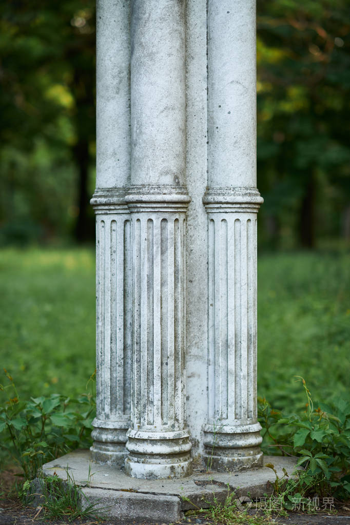公园里古老的白色柱子,复古的建筑,树木和树叶