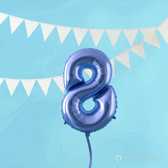 快乐的8岁生日聚会庆祝蓝色气球和旗帜三维渲染