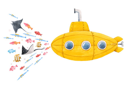 卡通大潜艇水下和天空.