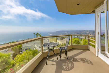 阳台俯瞰湖光山色下的山谷照片