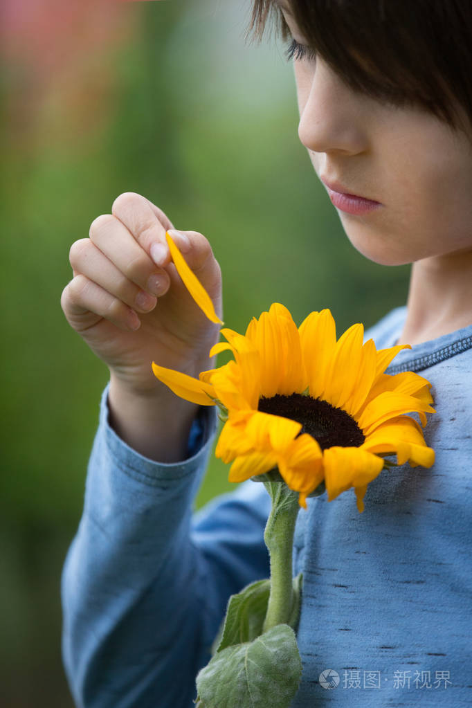 绿色背景上手里拿着花的男孩欧洲应用程序