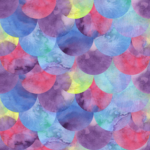美人鱼或鱼鳞无缝图案与水彩画纹理.生动的紫罗兰色美人鱼鳞片.