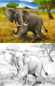 儿童用大象狩猎插图的卡通场景图片