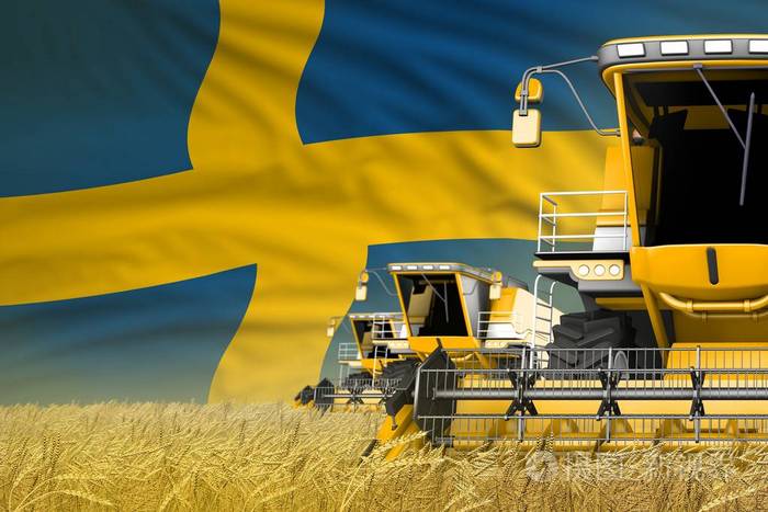 三台悬挂瑞典国旗的黄色现代联合收割机在农田上的工业3d插图近景农业