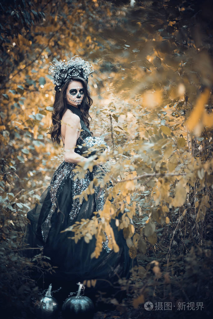 卡拉维拉·卡特琳娜身着黑色连衣裙的特写肖像.糖霜骷髅妆.