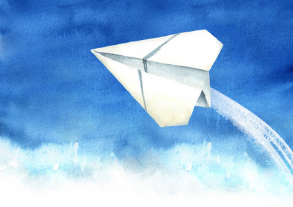 蓝天纸飞机,旅游概念,水彩手绘dra照片